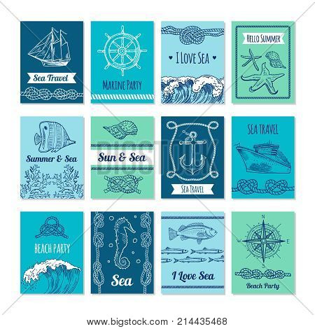 Design template of cards with marine symbols in vector stale. Nautical illustrations with place for your text. Nautical marine card, sea and sun banner