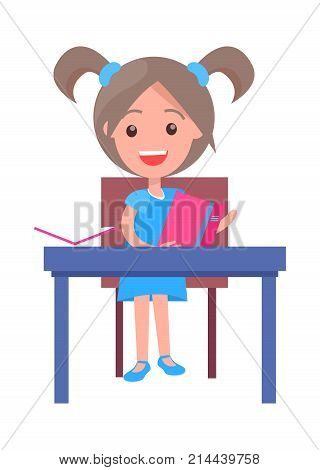 Back to school vector illustration with schoolgirl sitting at desk with textbook, reading open book isolatedin white background