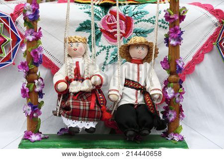 Belarus GomelJuly 3 2017 Independence Day of the Republic of BelarusCity ParkBelarusian National Men and Women Dolls.The symbol of Belarus. Belarusian dolls.