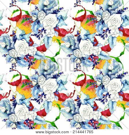 Wildflower bouquet pattern in a watercolor style. Full name of the plant: rose. Aquarelle wild flower for background, texture, wrapper pattern, frame or border.