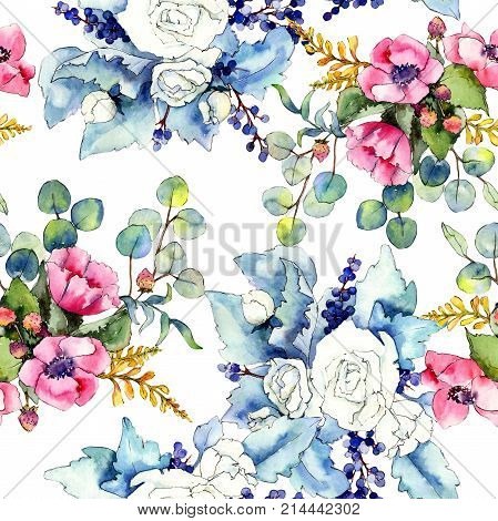 Wildflower bouquet pattern in a watercolor style. Full name of the plant: rose. Aquarelle wild flower for background, texture, wrapper pattern, frame or border.