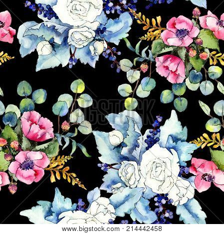 Wildflower bouquet pattern in a watercolor style. Full name of the plant: rose. Aquarelle wild flower for background, texture, wrapper pattern, frame or border.