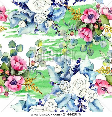 Wildflower bouquet pattern in a watercolor style. Full name of the plant: rose. Aquarelle wild flower for background, texture, wrapper pattern, frame or border.