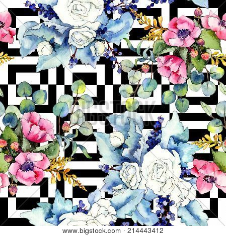 Wildflower bouquet pattern in a watercolor style. Full name of the plant: rose. Aquarelle wild flower for background, texture, wrapper pattern, frame or border.