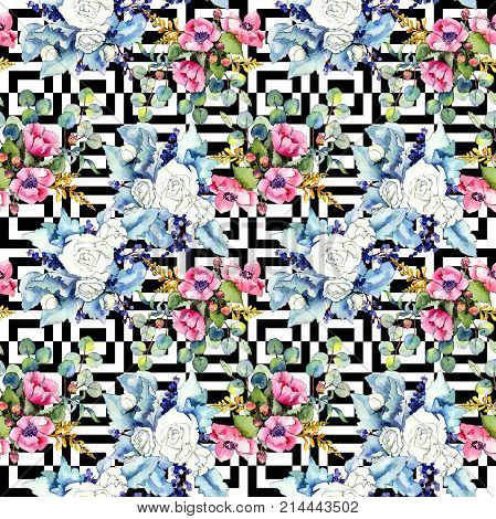 Wildflower bouquet pattern in a watercolor style. Full name of the plant: rose. Aquarelle wild flower for background, texture, wrapper pattern, frame or border.