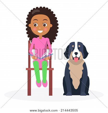 Black curly girl sitting on wood chair and holds open classbook, beside sits bernese mountain dog vector illustration isolated on white.