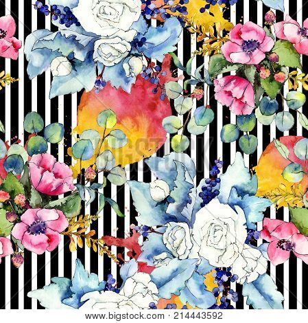 Wildflower bouquet pattern in a watercolor style. Full name of the plant: rose. Aquarelle wild flower for background, texture, wrapper pattern, frame or border.