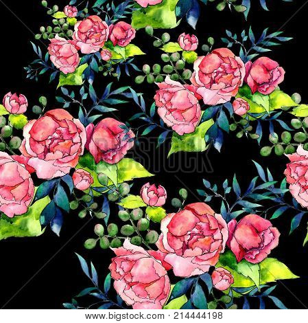 Wildflower bouquet pattern in a watercolor style. Full name of the plant: peony. Aquarelle wild flower for background, texture, wrapper pattern, frame or border.