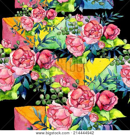 Wildflower bouquet pattern in a watercolor style. Full name of the plant: peony. Aquarelle wild flower for background, texture, wrapper pattern, frame or border.