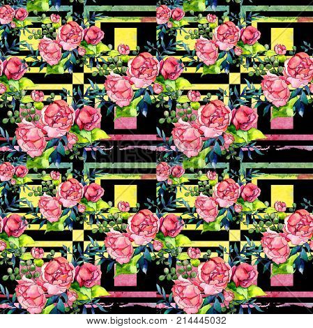 Wildflower bouquet pattern in a watercolor style. Full name of the plant: peony. Aquarelle wild flower for background, texture, wrapper pattern, frame or border.