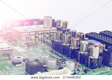 Circuit board with resistors microchips and electronic components. Electronic computer hardware technology. Integrated communication processor. Information engineering component. Semiconductor. PCB.