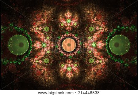 Geometric fractal shape can illustrate daydreaming imagination psychedelic space dreams magic nuclear explosion frequency patterns radiation or music concepts.
