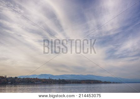 Seaside view of Qualicum beach in Vancouver Island, with the Canadian Rockies in the background, British Columbia, Canada