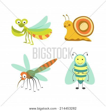 Funny insects with cheerful faces isolated vector illustrations set on white background. Mantis with huge eyes, snail with colorful shell, nasty mosquito with long nose and friendly striped bee.