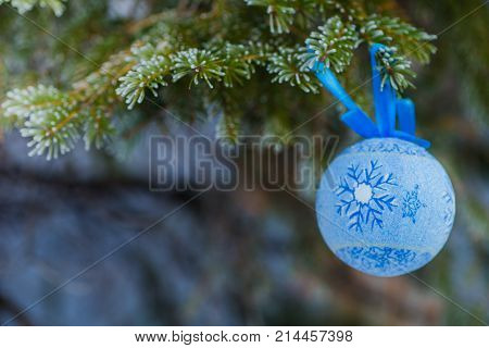 Blue Fur-tree Toy On A Branch Of Blue Fir-tree Blue, Green, White, Colorado Blue Spruce, Picea Punge
