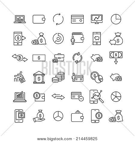 Simple collection of finance related line icons. Thin line vector set of signs for infographic, logo, app development and website design. Premium symbols isolated on a white background.