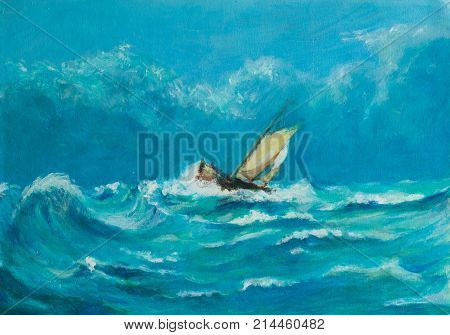 Original oil painting of lonely little sailing ship battling in a storm on the ocean