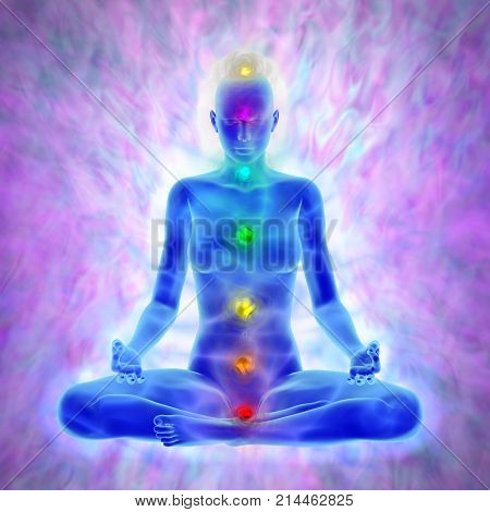 Woman in yoga meditation - aura and chakras