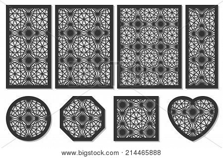 Set of cards to cut. Vector panels for laser cutting. The ratio 1:2, 2:3, 3:4, 1:3, round, octagon, square, heart. Cut silhouette with geometric patterns. Used for openwork partitions, panels, printin