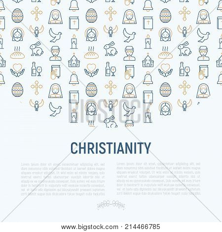 Christianity concept with thin line icons of priest, church, nun, crucifixion, Jesus, bible, dove. Vector illustration for banner, web page, print media.