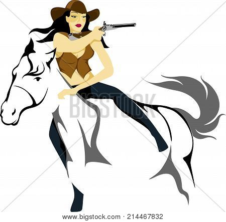 Cowgirl gunslinger riding a horse with a gun in hand
