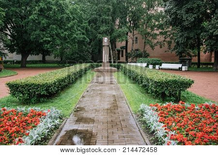 SAINT PETERSBURG. RUSSIA - JULY 01 2017. A monument to Galina Starovoitova, the Park on the corner of Suvorovsky Prospekt and the streets Moiseenko.