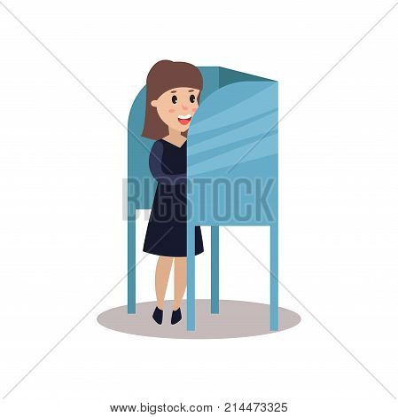 Woman character standing in voting booth casting her ballot, people taking part in voting vector Illustration isolated on a white background