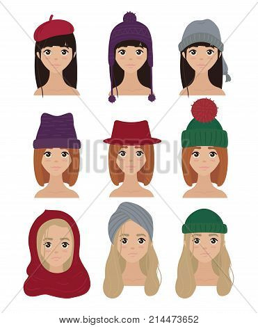 Set of stylish women characters in winter hats made of different materials. Knitted headdress, bobble hat and beret. Vector illustration