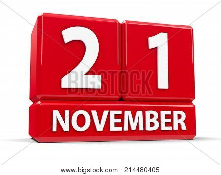 Red cubes - The Twenty First of November - on a white table - World Hello Day and World Television Day three-dimensional rendering 3D illustration