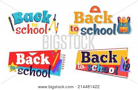 Back to school stickers set with stationery objects as plastic ruler, brown pencil, notebook, colorful stars vector illustrations isolated on white