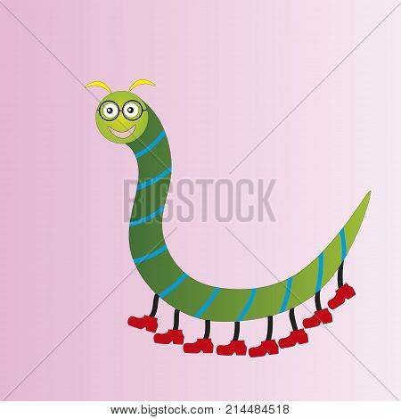 Funny centipede in glasses of green color isolated gradient background.