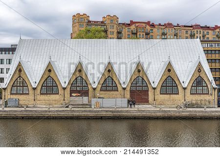 GOTHENBURG SWEDEN - MAY 13 2017: Feskekorka is an indoor fish market in Gothenburg Sweden which got its name from the building's resemblance to a Neo-gothic church.