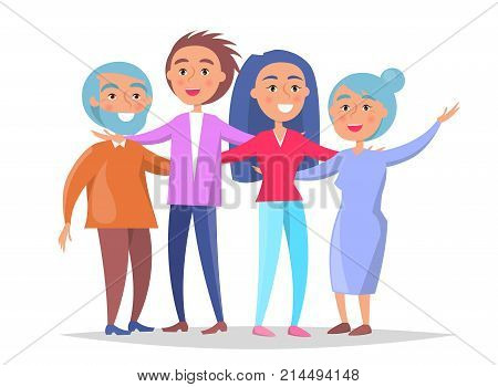 Old couple and their adult children having fun together, two generations cartoon characters vector illustration isolated on white background