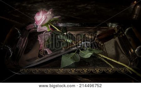 Rose and weapons. Stiletto with a rose on a tray. Life and death.