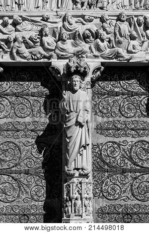 Architectural details of the catholic cathedral Notre-Dame de Paris. Built in French Gothic architecture Notre-Dame's facade showing details of the Portal of the Last Judgment. Paris France