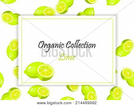 Sweet juicy whole and slice lemon or lime fruit symbol for jam and juice product label or grocery store, shop and farm market design. Vector square label, lime jam, sauce or juice label on a seamless pattern background with soft shadow