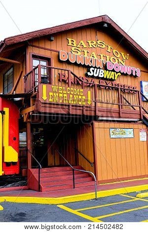 Barstow, California, USA - Oct 29, 2015: The Barstow station from the 1960s along Route 66 in the Mojave Desert
