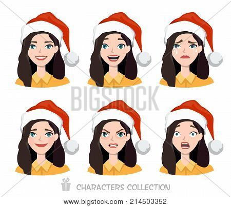 Vector illustration of businesswoman many faces emotions with santa hat.