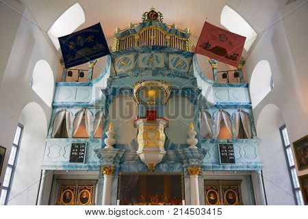 ROROS, NORWAY - JUNE 24, 2013: Interior of the Bergstadens Ziir church in the town of Roros, Norway.