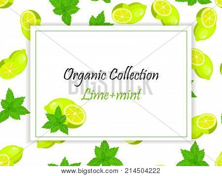 Sweet juicy whole and slice lemon or lime and mint fruit symbol for jam and juice product label or grocery store, shop and farm market design. Vector square label, lime and mint jam, sauce or juice label