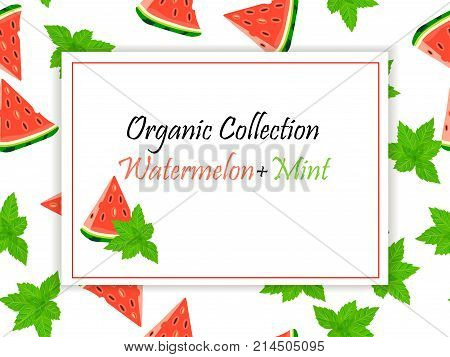Sweet juicy slice of watermelon fruit and mint symbol for jam and juice product label or grocery store, shop and farm market design. Vector square label, watermelon and pepper mint jam, sauce or juice label