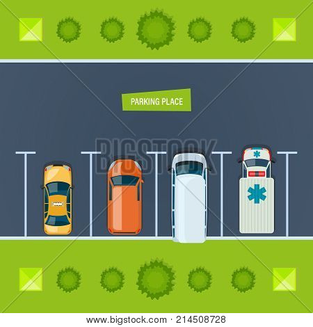City car parking place, parking zone. Top view parked cars in parking zone. Different types cars and urban traffic transportation, outdoor public auto park on the city street. Vector illustration.
