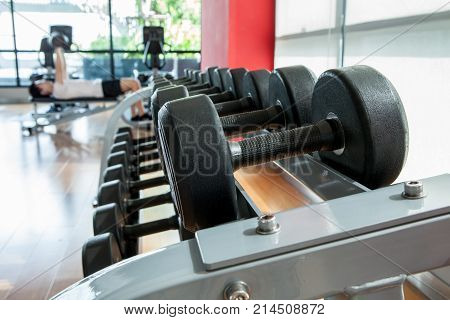 Rack with different dumbbells in gym sprot