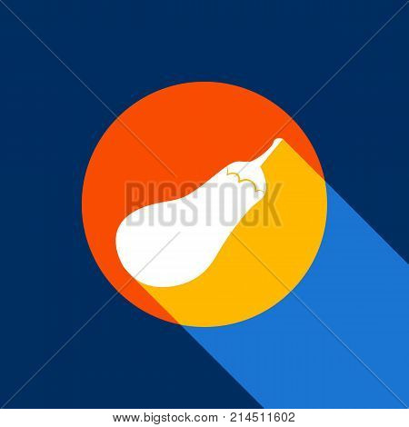 Eggplant sign. Salad ingredient. Healthy vegetable. Vector. White icon on tangelo circle with infinite shadow of light at cool black background. Selective yellow and bright navy blue are produced.
