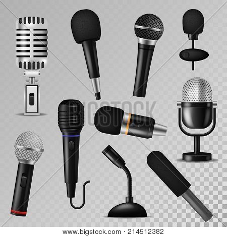Microphone vector sound music audio voice mic recorder karaoke studio radio record phonetic vintage old and modern interview micro device set 3d isolated illustration.