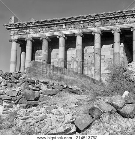 The Temple of Garni is hellenistic temple in Garni, Armenia. It is the best-known structure and symbol of pre-Christian Armenia. It is the only standing Greco-Roman colonnaded building in Armenia. Black and white square image