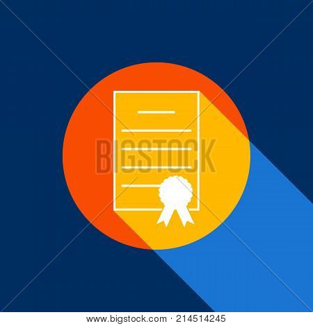 Check mark sign illustration. Vector. White icon on tangelo circle with infinite shadow of light at cool black background. Selective yellow and bright navy blue are produced.