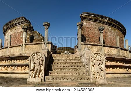 Sri Lanka Polonnaruwa ruin was the second capital of Sri Lanka after the destruction of Polonnaruwa. The photograph is presenting Vatadage (Round House)