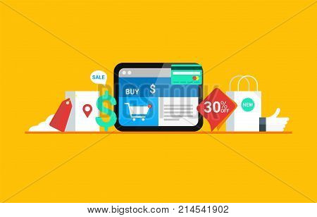 Set of flat design concept for web mobile apps and services. Online shopping store. Sale discount. Online marketing using tablet smartphone laptop. Vector EPS 10