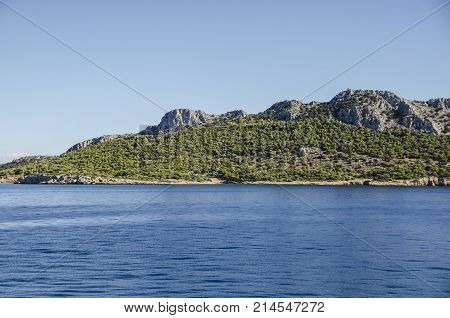 view of the coast and territory of the island of egina from the saronic sea